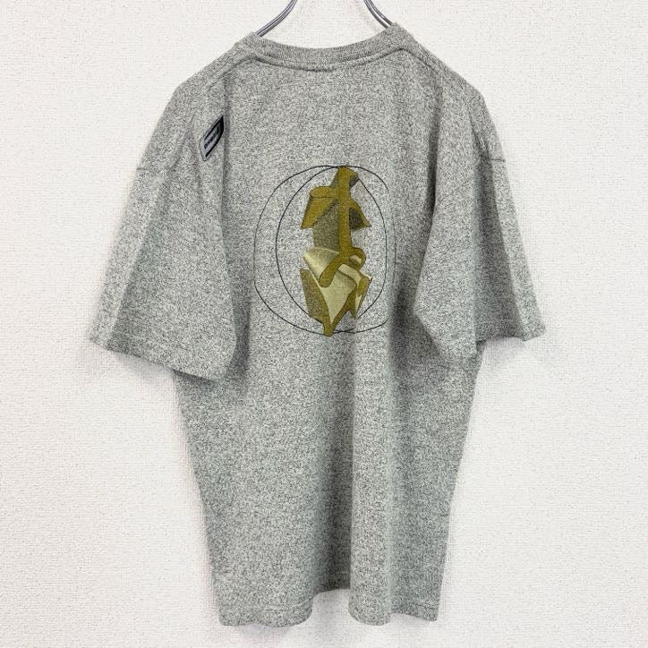 半袖プリントTシャツ　レトロデザイン　クルーネック 　ワンポイントロゴ　両面プリント　ニット生地　霜降りグレー　　古着
