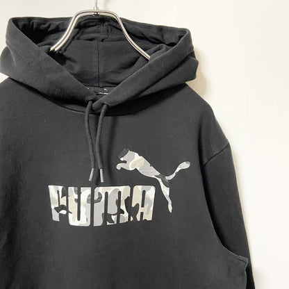 古着 used　puma プーマ　長袖ロゴプリントパーカー　フード付き　スウェット　黒　ブラック　Mサイズ