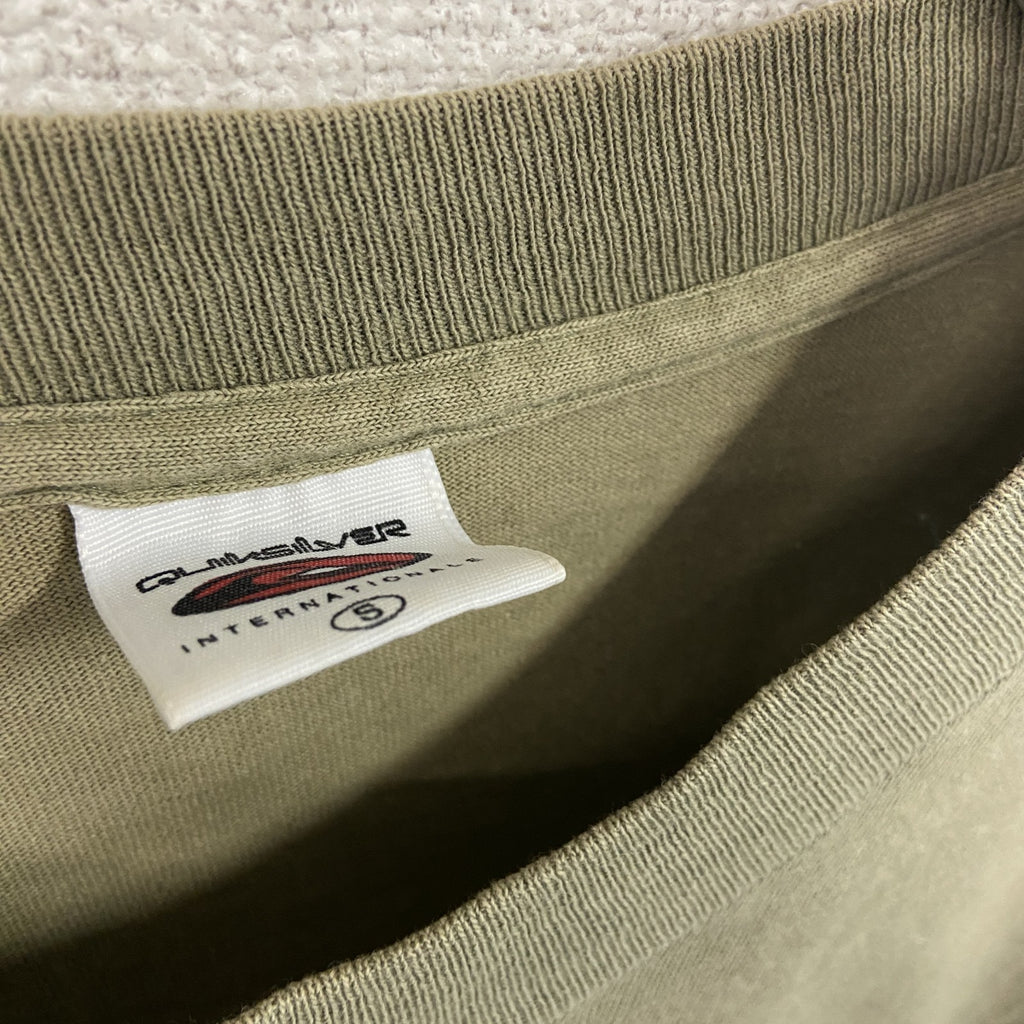 90s　QUICKSILVER　クイックシルバー　半袖プリントTシャツ　USA製　シングルステッチ　カーキ　Sサイズ　古着