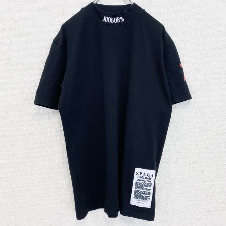 半袖プリントTシャツ　PAGA　スタンドカラー　黒　ブラック　クルーネック　レトロデザイン　Lサイズ　古着