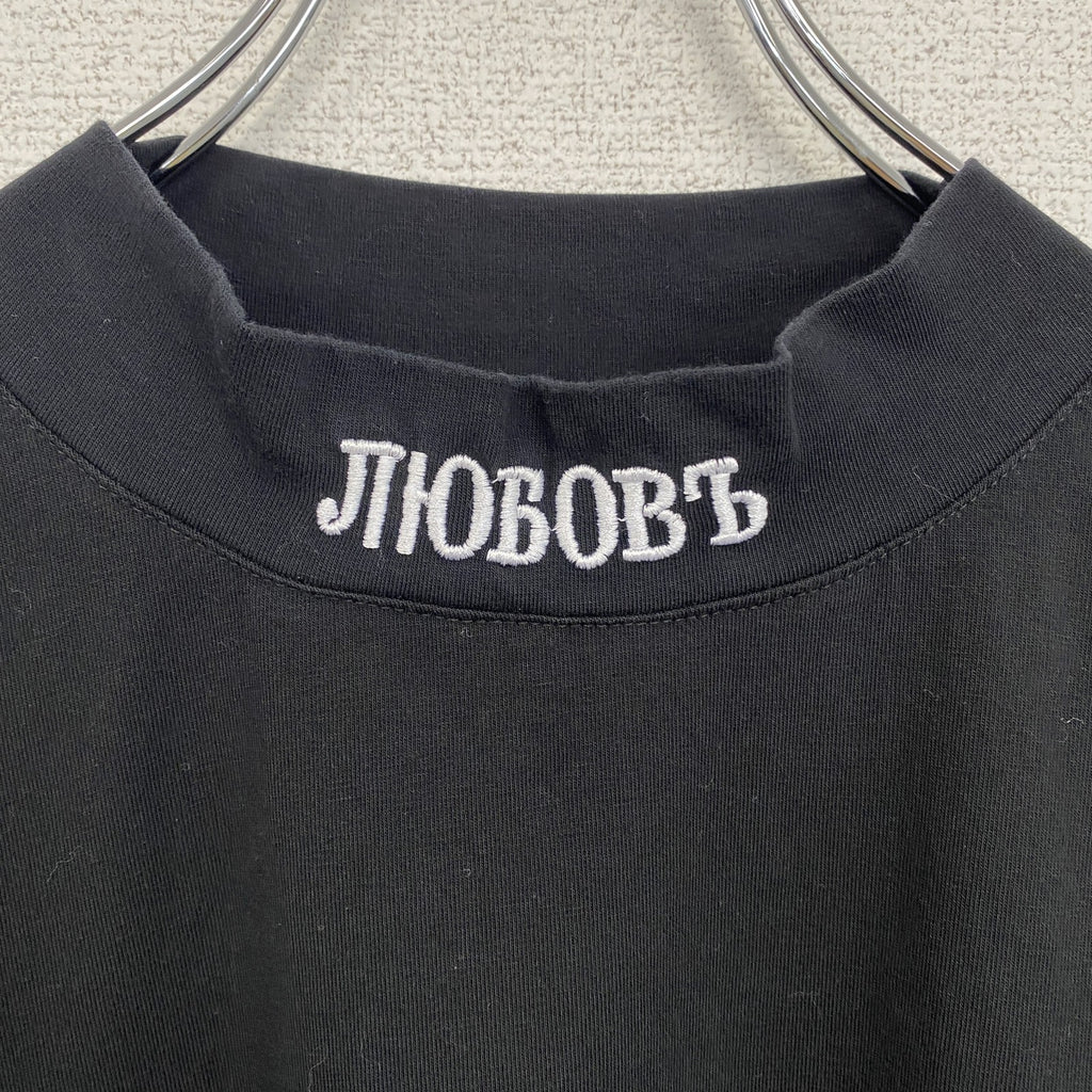 半袖プリントTシャツ　PAGA　スタンドカラー　黒　ブラック　クルーネック　レトロデザイン　Lサイズ　古着