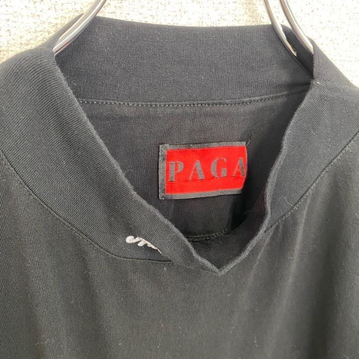 半袖プリントTシャツ　PAGA　スタンドカラー　黒　ブラック　クルーネック　レトロデザイン　Lサイズ　古着