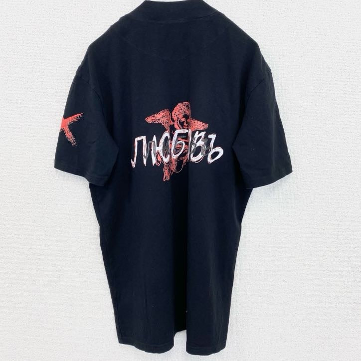 半袖プリントTシャツ　PAGA　スタンドカラー　黒　ブラック　クルーネック　レトロデザイン　Lサイズ　古着