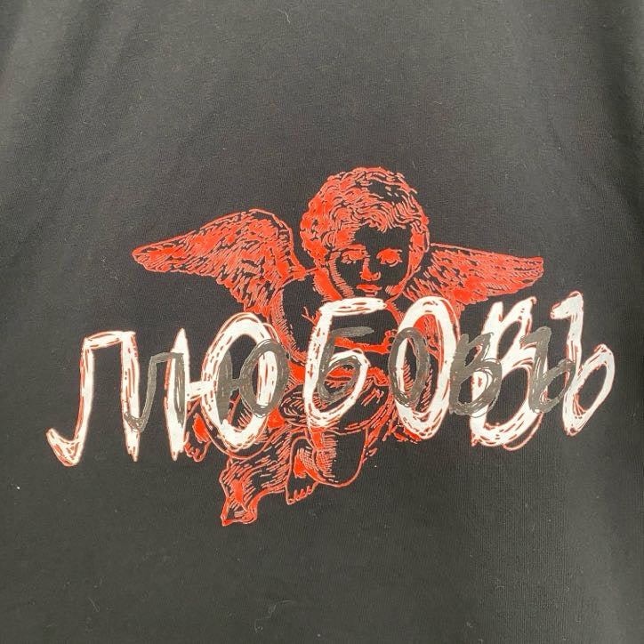 半袖プリントTシャツ　PAGA　スタンドカラー　黒　ブラック　クルーネック　レトロデザイン　Lサイズ　古着