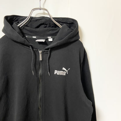 古着 used　puma プーマ　長袖ロゴプリントパーカー　フード付き　ジップアップスウェット　プルオーバー　黒　Lサイズ