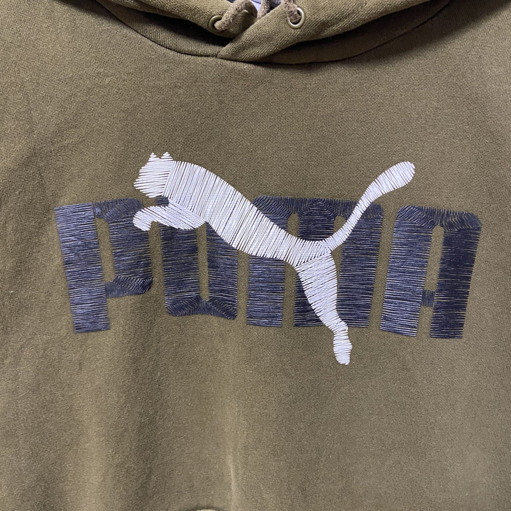 puma プーマ　長袖ロゴプリントパーカー　フード付きスウェット　プルオーバー　カーキ　Mサイズ　古着