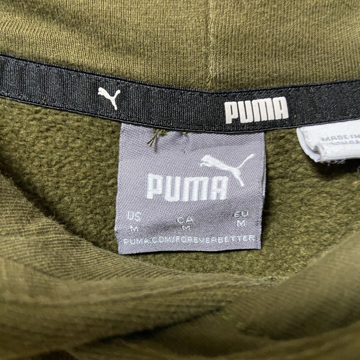 古着 used　puma プーマ　長袖ロゴプリントパーカー　フード付きスウェット　プルオーバー　カーキ　Mサイズ