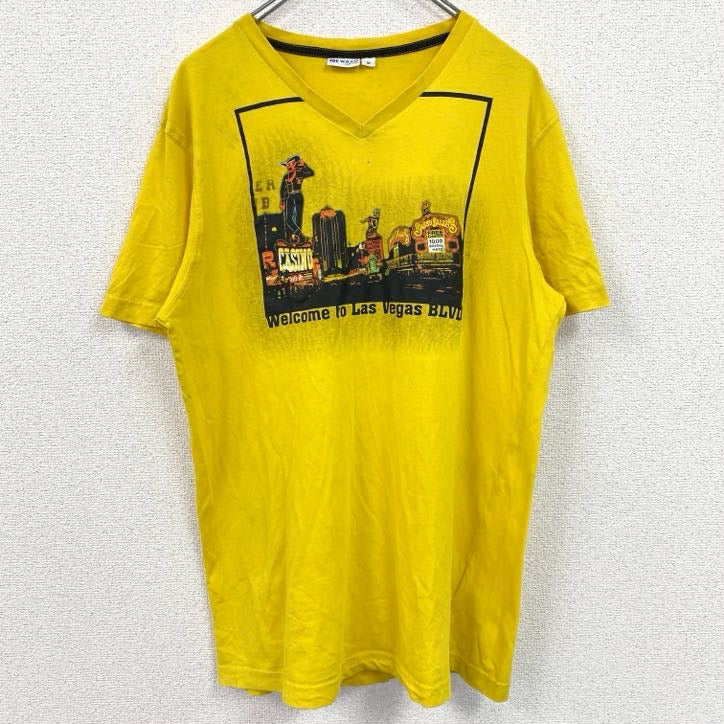RE WARD　半袖VネックプリントTシャツ　ラスベガス　街並み　黄色　イエロー　レトロデザイン　Mサイズ　古着