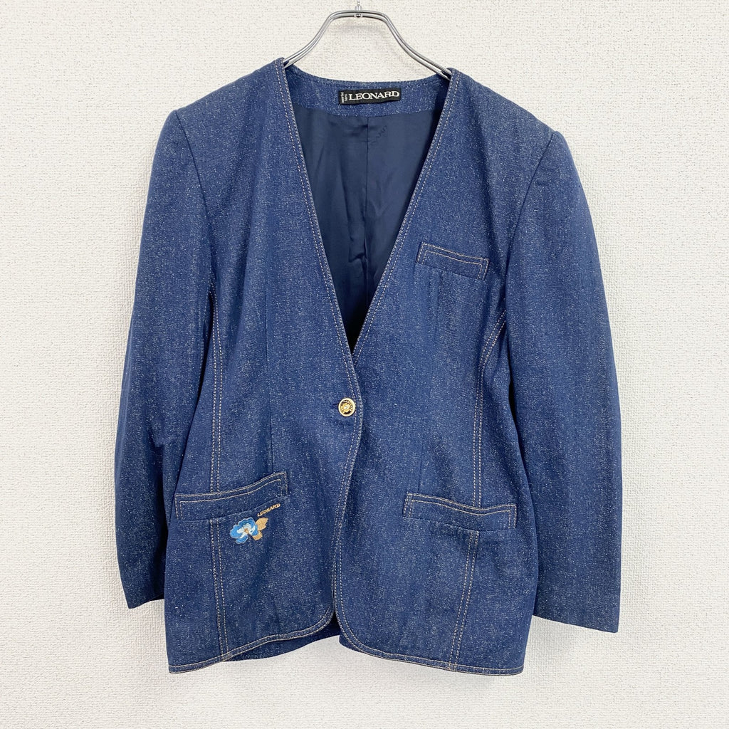 LEONARD　レオナール　ノーカラーシルクデニムジャケット　インディゴ　　古着