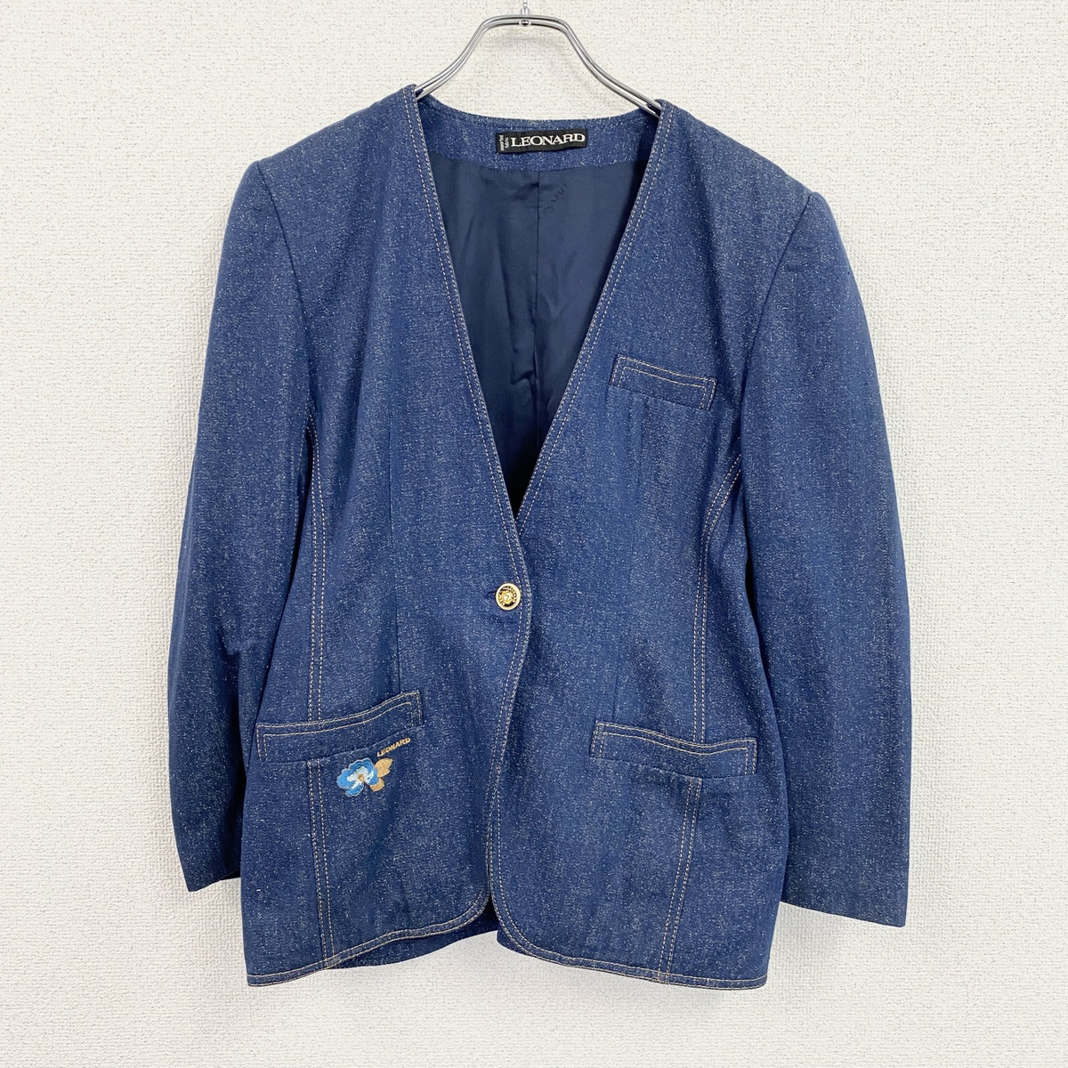 LEONARD　レオナール　ノーカラーシルクデニムジャケット　インディゴ　　古着