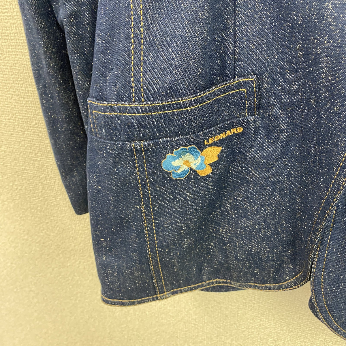 LEONARD　レオナール　ノーカラーシルクデニムジャケット　インディゴ　　古着