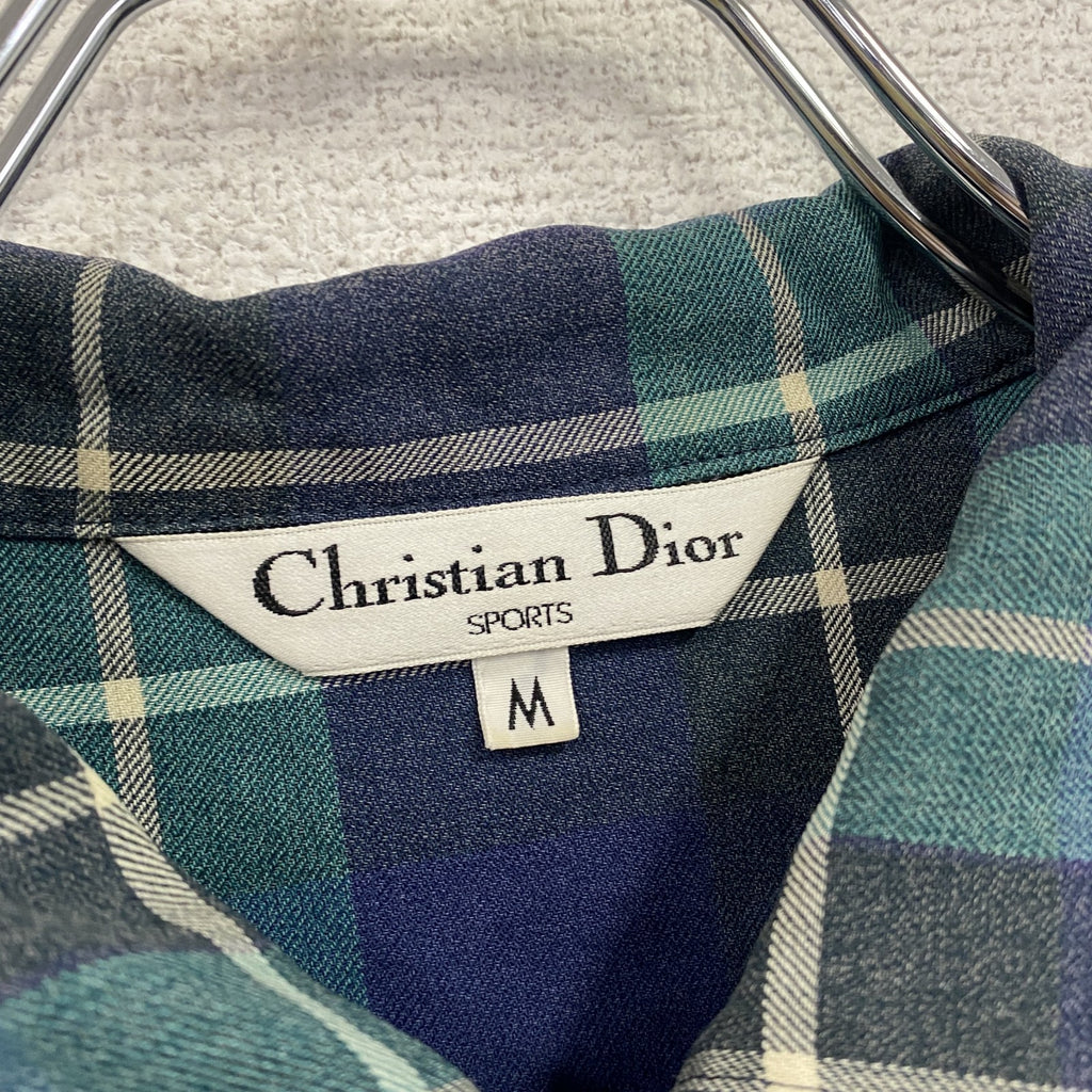 Christian Dior　クリスチャンディオール　長袖開襟シャツ　2つポケット　チェック柄　緑　グリーン　青　ブルー　Mサイズ　古着