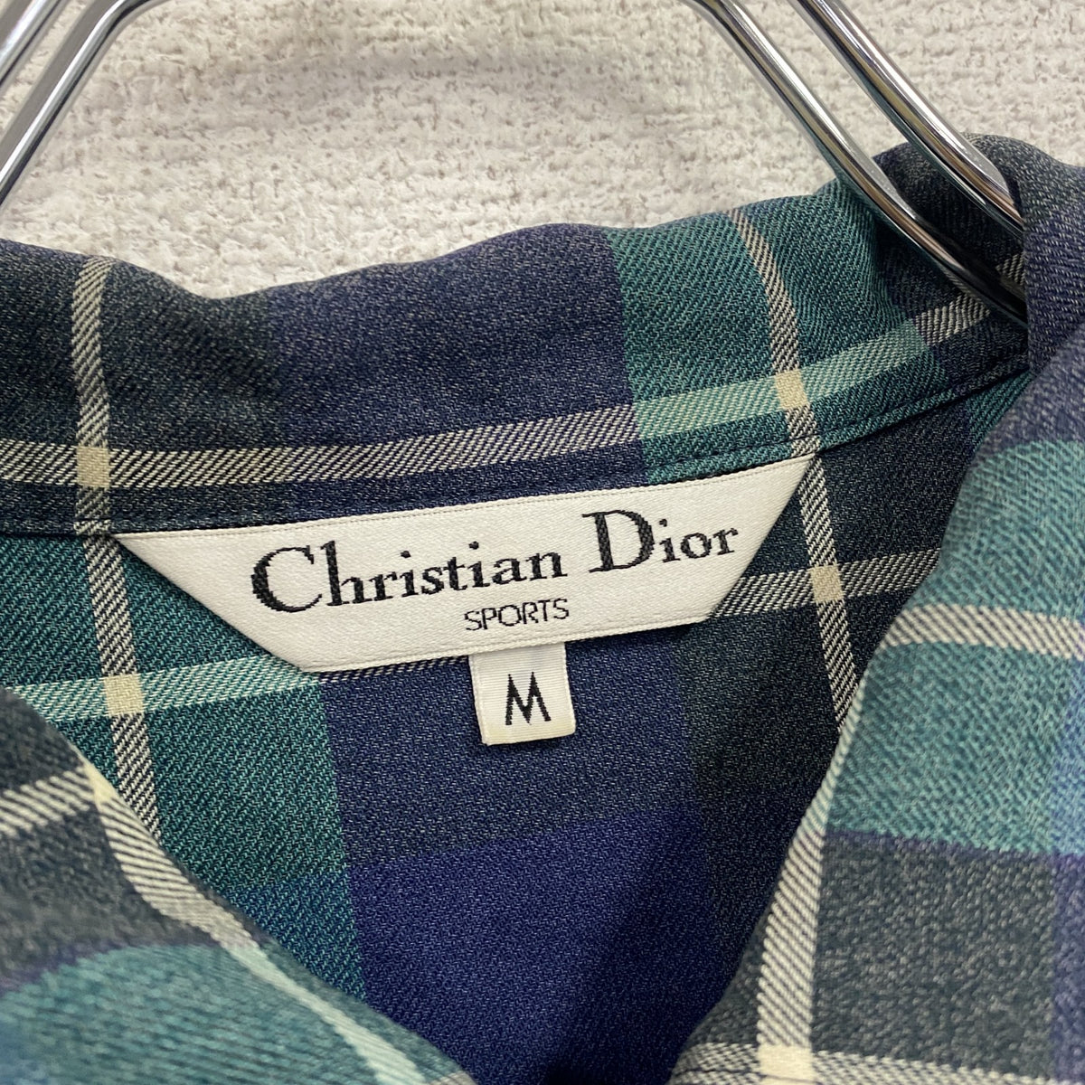 Christian Dior　クリスチャンディオール　長袖開襟シャツ　2つポケット　チェック柄　緑　グリーン　青　ブルー　Mサイズ　古着