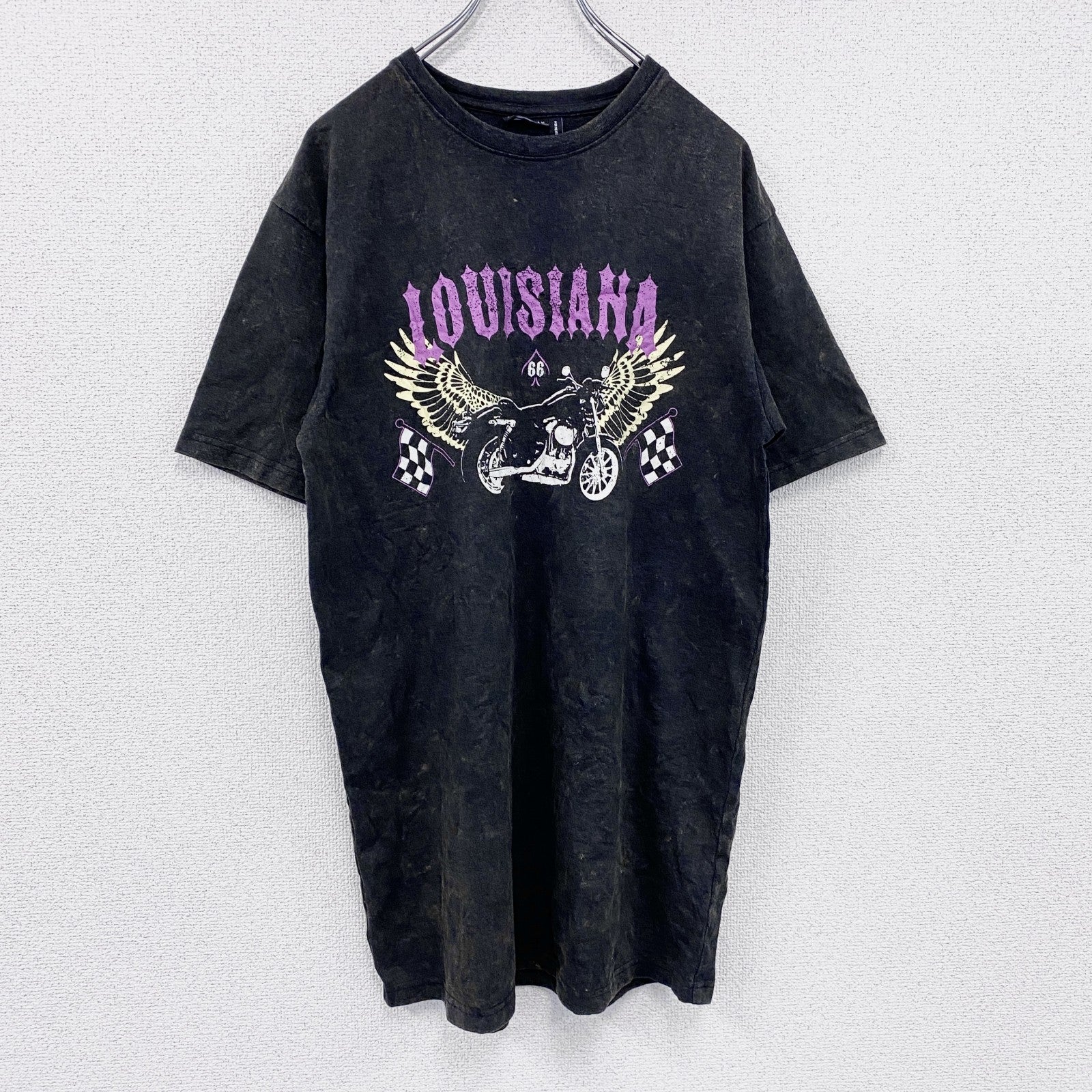 asos　半袖プリントTシャツ　バイク　チェッカーフラッグ　黒　ブラック　4サイズ　古着
