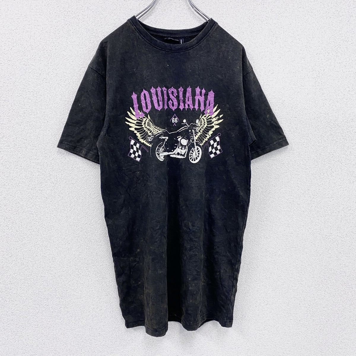 asos　半袖プリントTシャツ　バイク　チェッカーフラッグ　黒　ブラック　4サイズ　古着