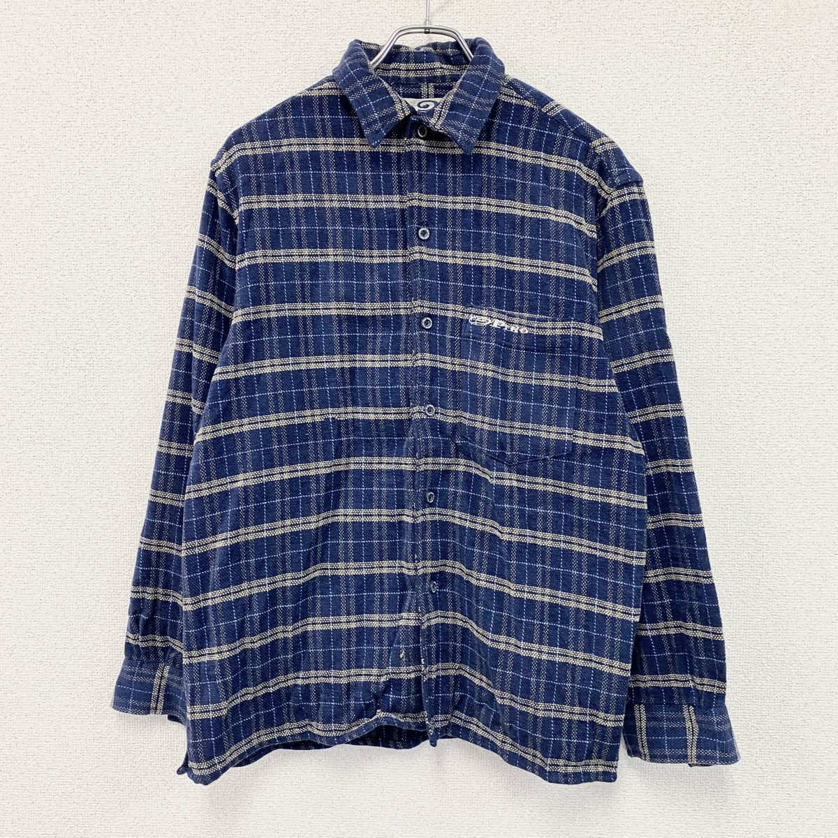 PIKO　ピコ　長袖ネルシャツ　チェック柄　刺繍ロゴ　青　ブルー　Mサイズ　古着