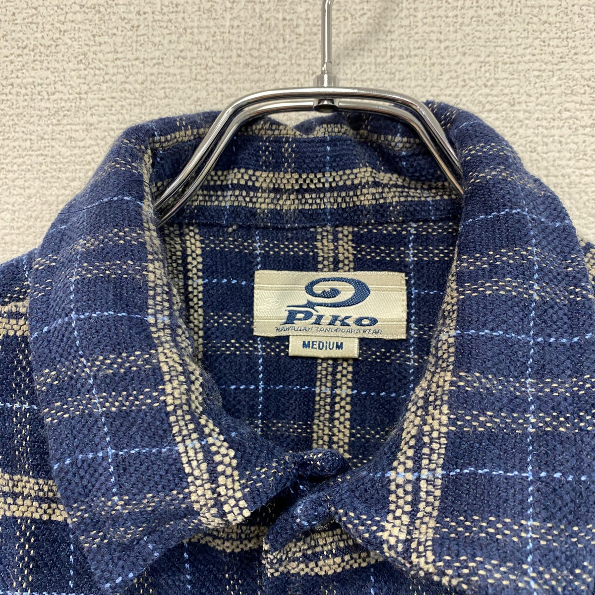 PIKO　ピコ　長袖ネルシャツ　チェック柄　刺繍ロゴ　青　ブルー　Mサイズ　古着