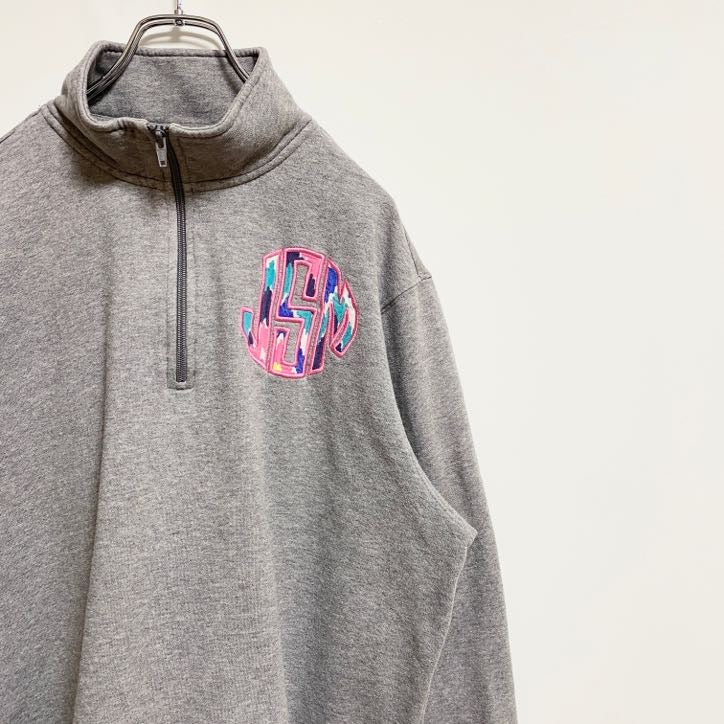 SportTek　長袖ハーフジップスウェット　トレーナー　ワッペン刺繍　JSM　グレー　灰色　レトロデザイン　Mサイズ　古着