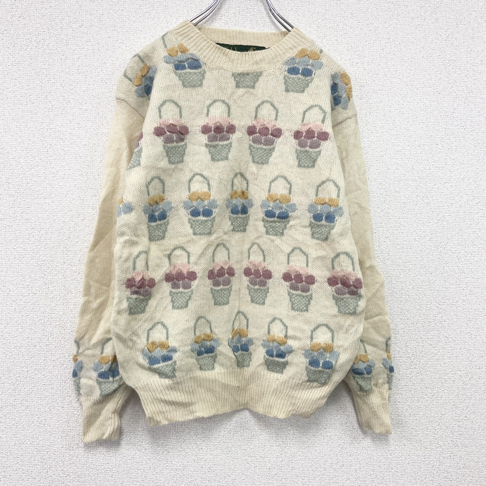 ～00s　Tulchan　ウールニットセーター　Pure New Wool　総柄　ヴィンテージ　アイボリー　Sサイズ　古着