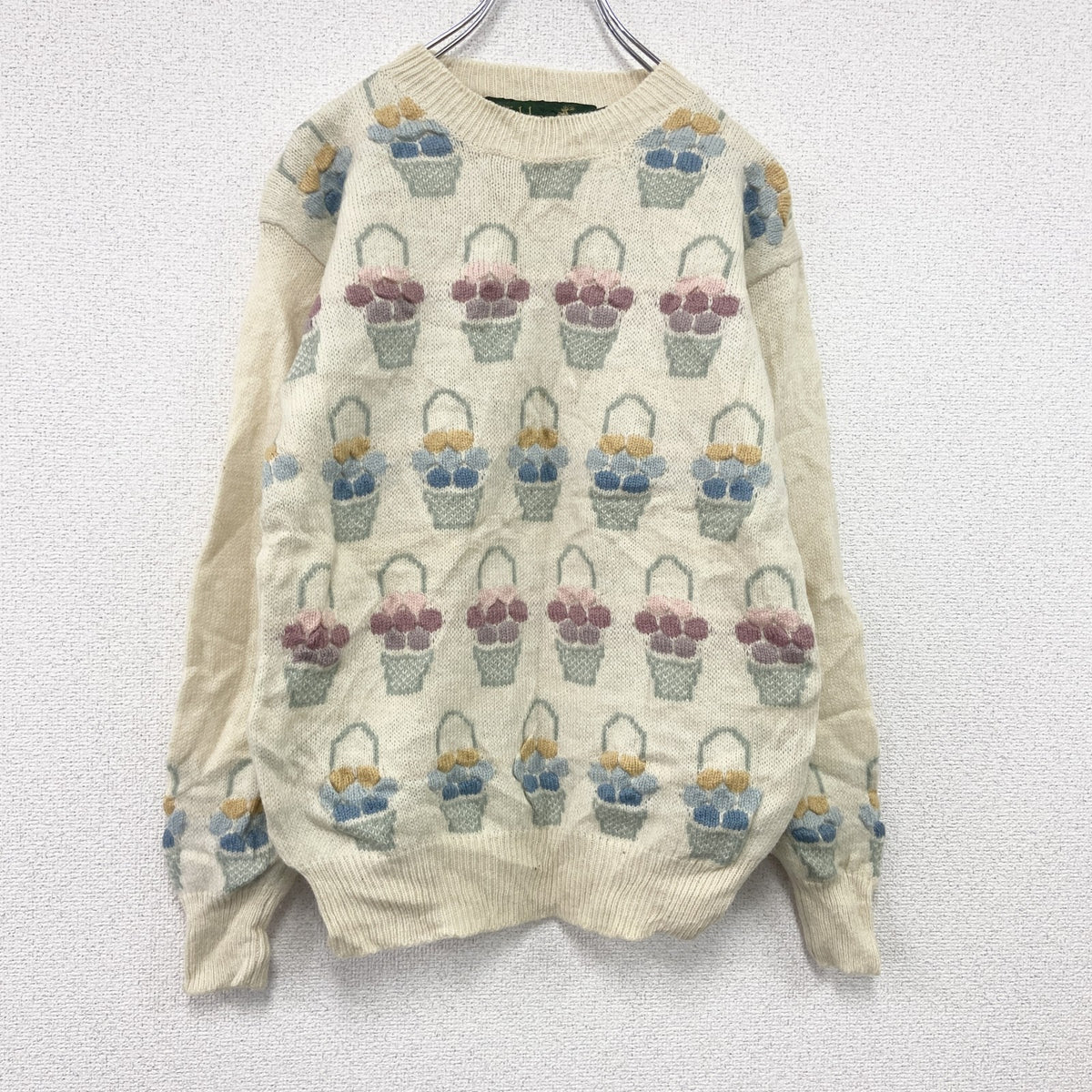 ～00s　Tulchan　ウールニットセーター　Pure New Wool　総柄　ヴィンテージ　アイボリー　Sサイズ　古着