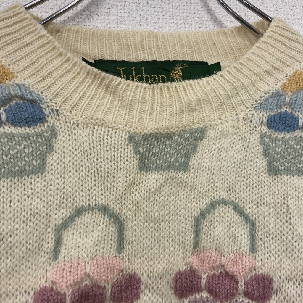 ～00s　Tulchan　ウールニットセーター　Pure New Wool　総柄　ヴィンテージ　アイボリー　Sサイズ　古着