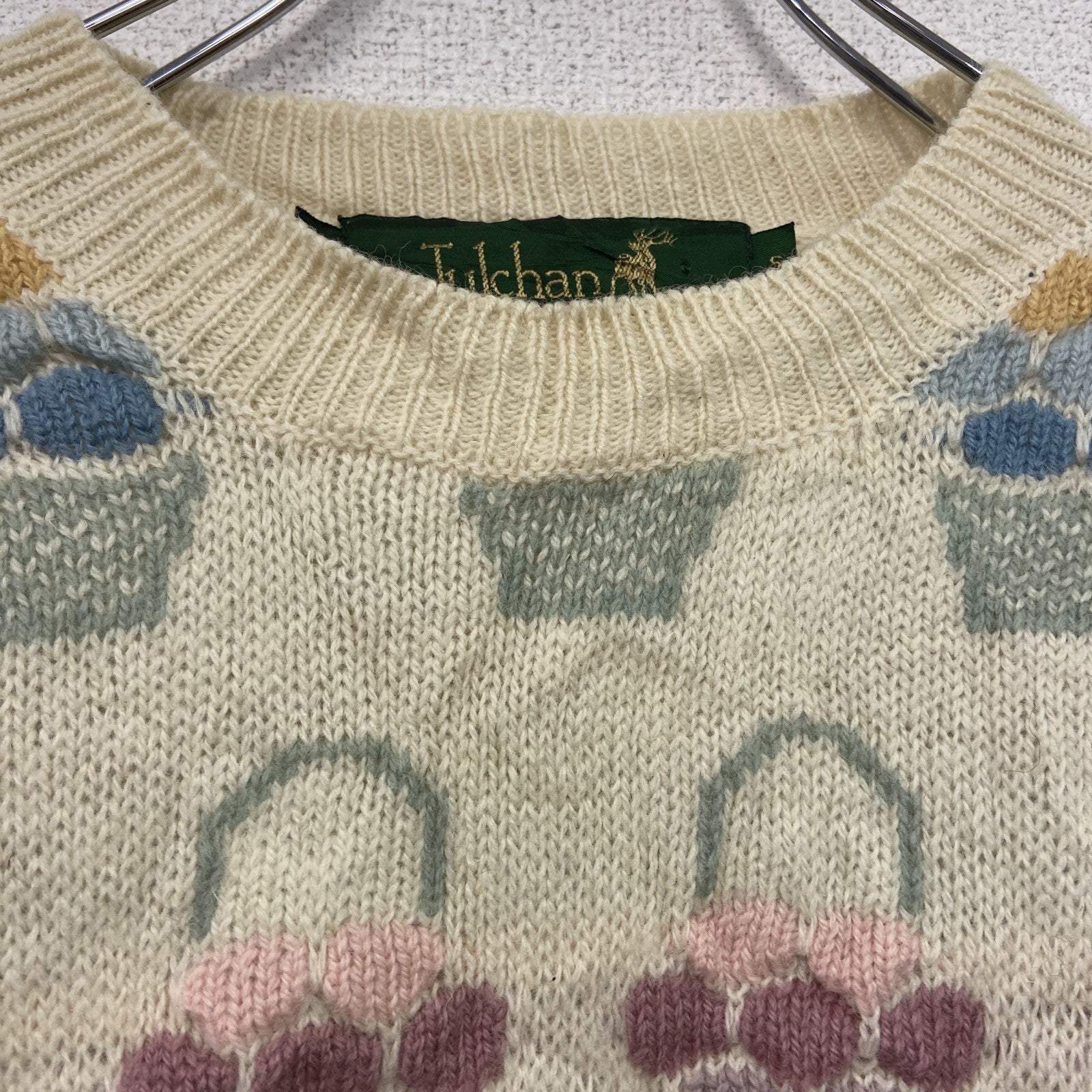 ～00s　Tulchan　ウールニットセーター　Pure New Wool　総柄　ヴィンテージ　アイボリー　Sサイズ　古着