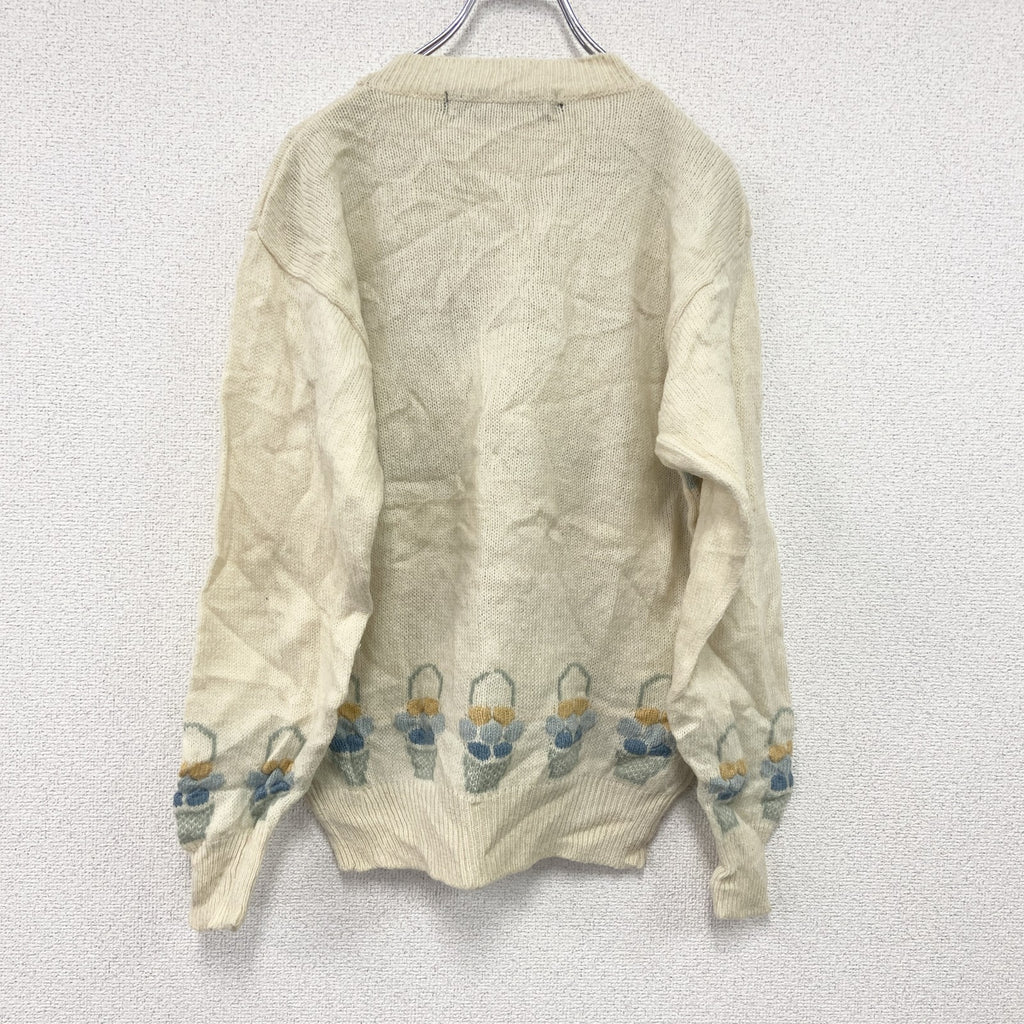 ～00s　Tulchan　ウールニットセーター　Pure New Wool　総柄　ヴィンテージ　アイボリー　Sサイズ　古着