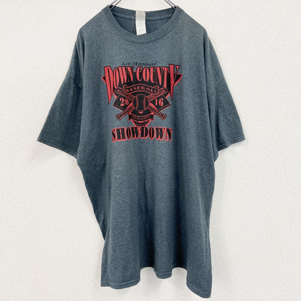 半袖プリントTシャツ　野球　ベースボール　クルーネック　レトロデザイン　灰色　グレー　2XLサイズ　古着