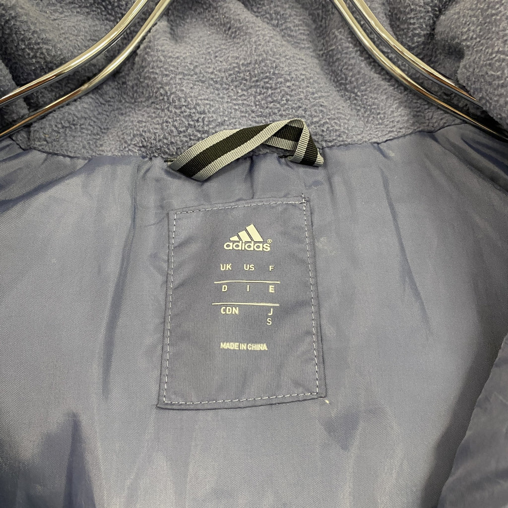 adidas　アディダス　フード付きダウンジャケット　比翼仕立て　パフォーマンスロゴ　青　ブルー　Sサイズ　古着