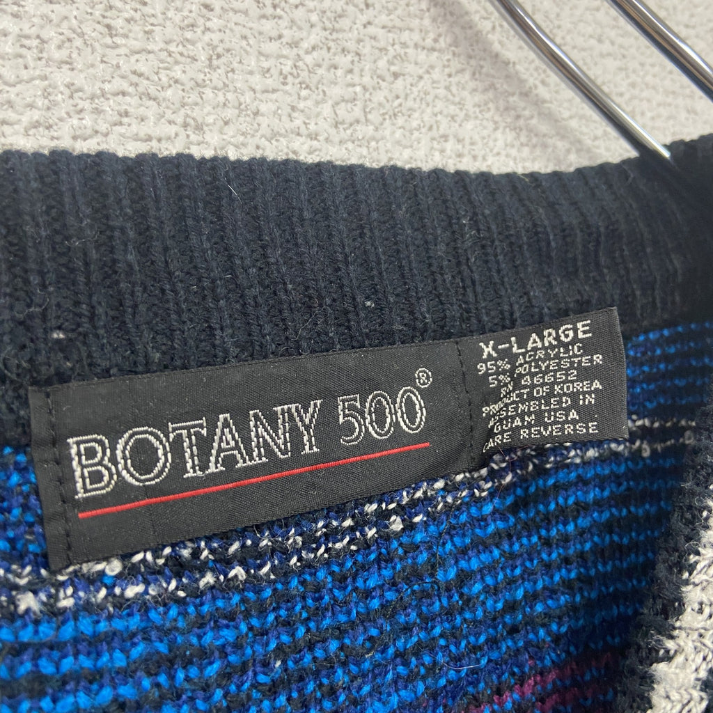 ～90s　BOTANY500　アクリルニットセーター　クルーネック　フェアアイル柄　総柄　ヴィンテージ　青　ブルー　XLサイズ　古着