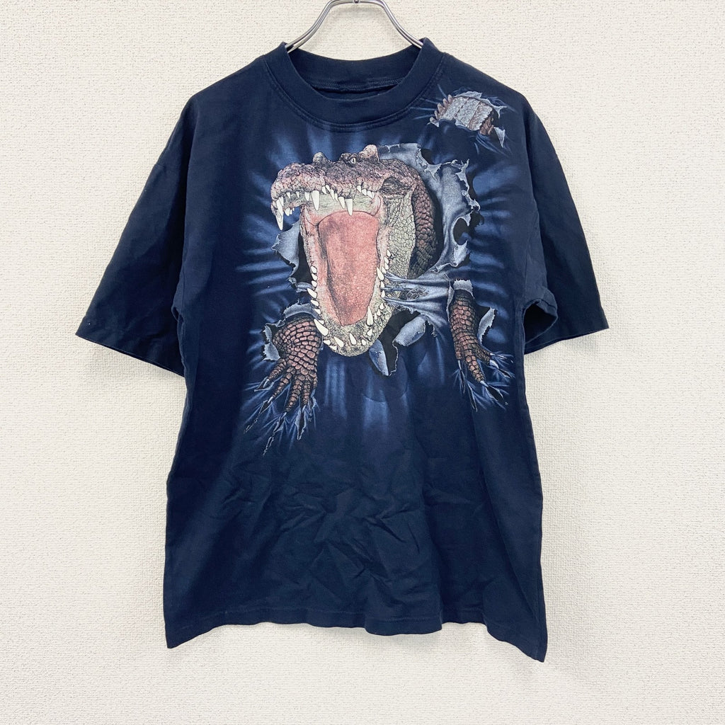 00s　半袖アニマルTシャツ　ワニ　両面プリント　ヴィンテージ　紺　ネイビー　古着