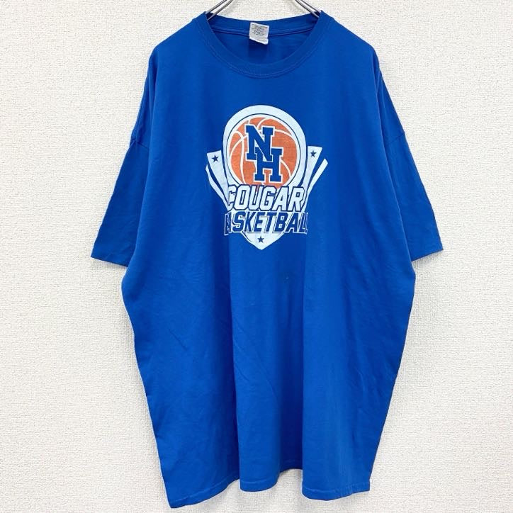 ギルダン　半袖プリントTシャツ　クーガーバスケットボール　クルーネック　レトロデザイン　青　ブルー　2XLサイズ　古着