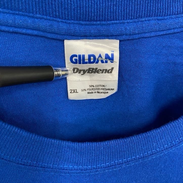 ギルダン　半袖プリントTシャツ　クーガーバスケットボール　クルーネック　レトロデザイン　青　ブルー　2XLサイズ　古着