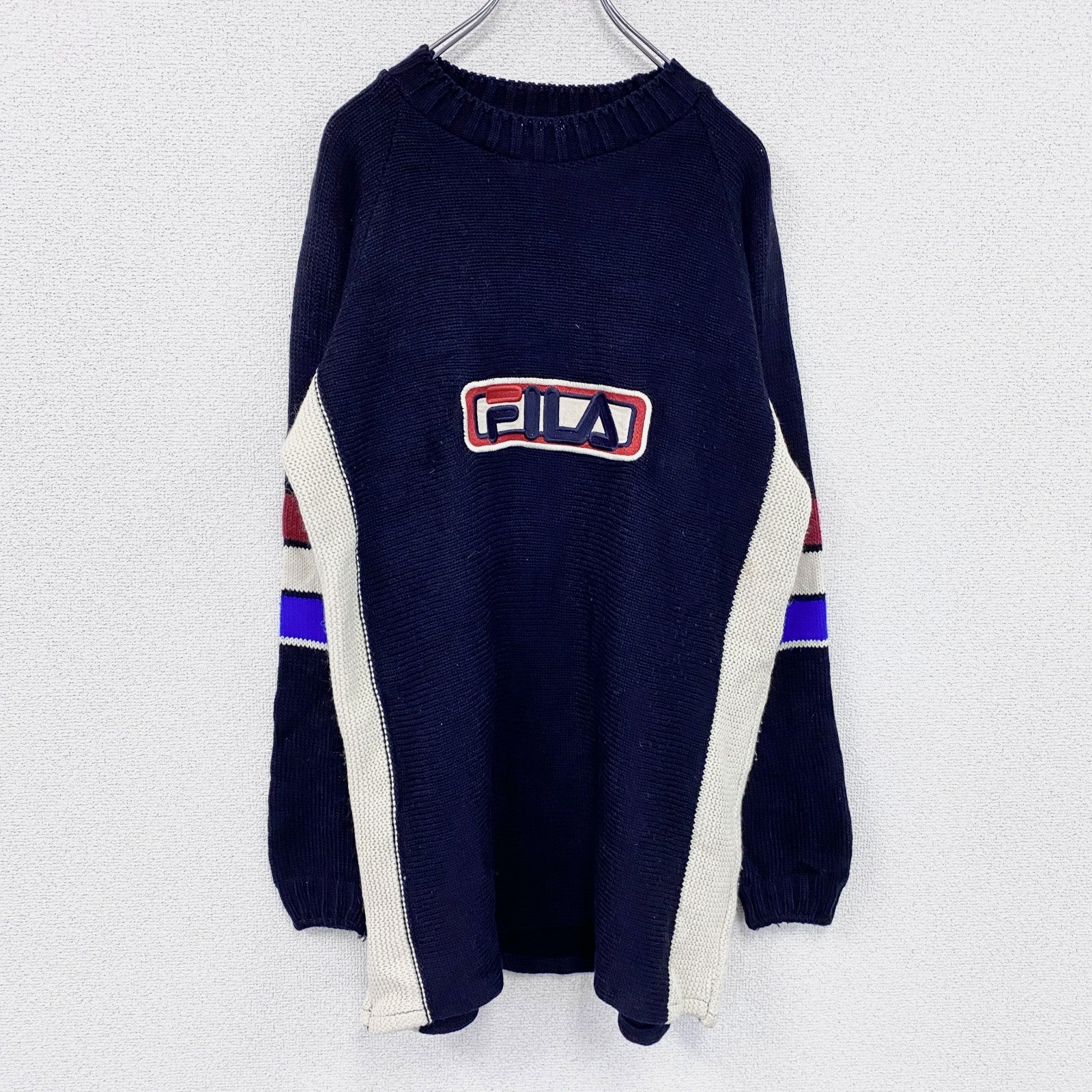 ～00s　FILA　フィラ　アクリルニットセーター　ヴィンテージ　デカロゴ　紺　ネイビー　古着