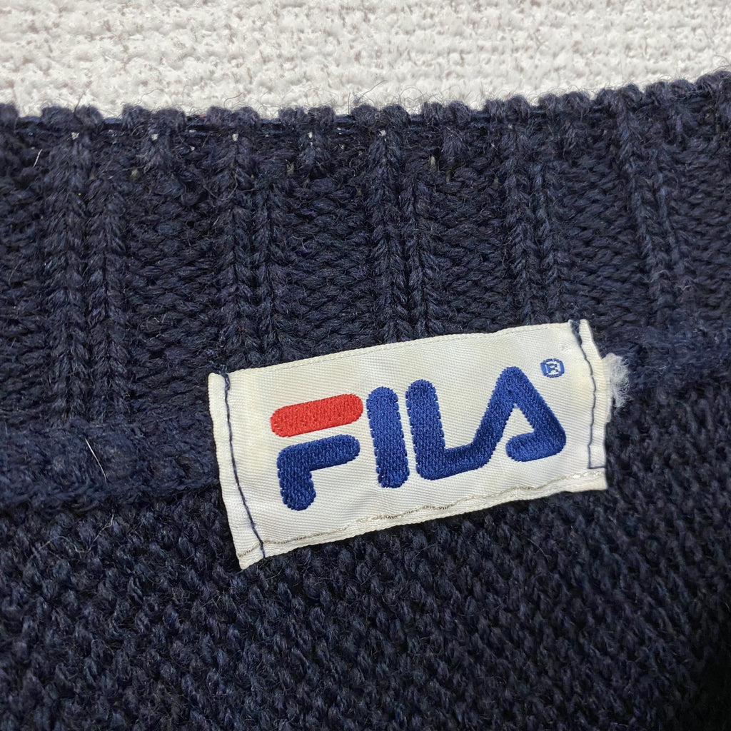 ～00s　FILA　フィラ　アクリルニットセーター　ヴィンテージ　デカロゴ　紺　ネイビー　古着