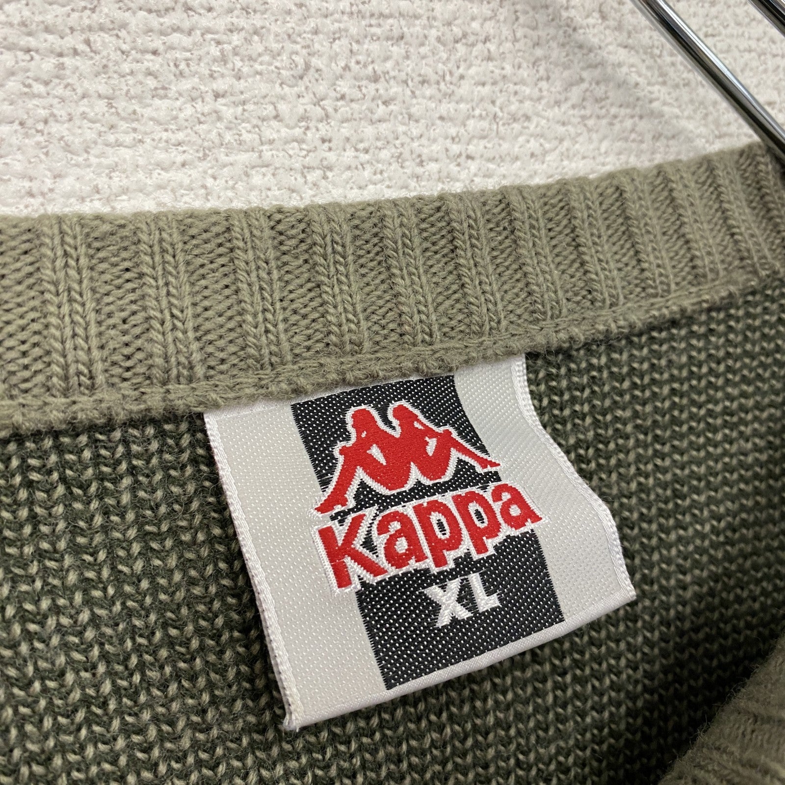 90s～　Kappa　カッパ　ウールニットセーター　刺繍ロゴ　ヴィンテージ　カーキ　XLサイズ　古着