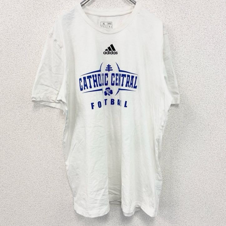 Adidas　アディダス　半袖カレッジプリントTシャツ　クルーネック　カソリックセントラル　ホワイト　XLサイズ　古着