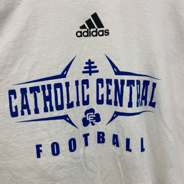 Adidas　アディダス　半袖カレッジプリントTシャツ　クルーネック　カソリックセントラル　ホワイト　XLサイズ　古着