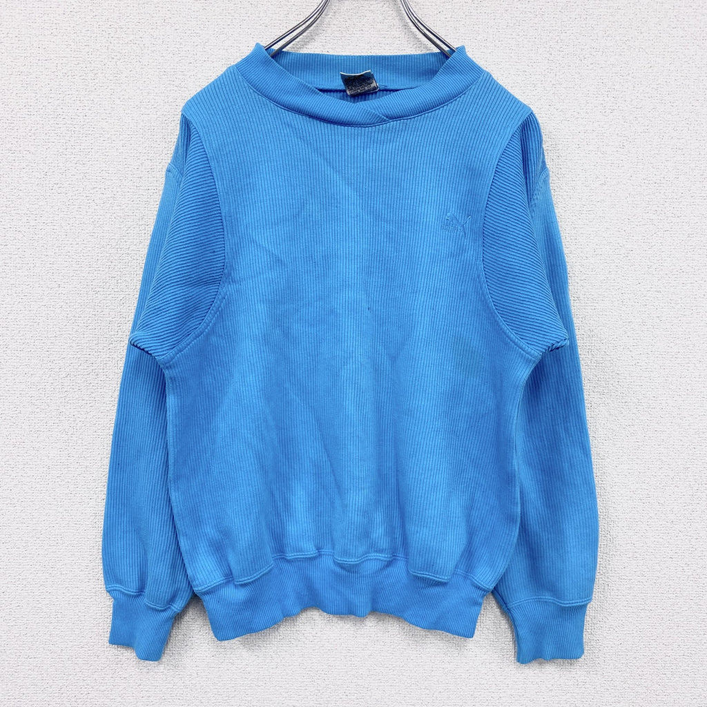 80s　PUMA　プーマ　リブニットセーター　コットンニットセーター　ヴィンテージ　水色　ライトブルー　Mサイズ　古着