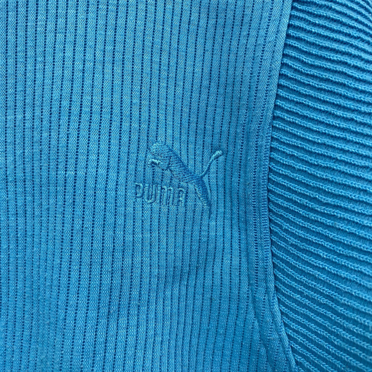 80s　PUMA　プーマ　リブニットセーター　コットンニットセーター　ヴィンテージ　水色　ライトブルー　Mサイズ　古着