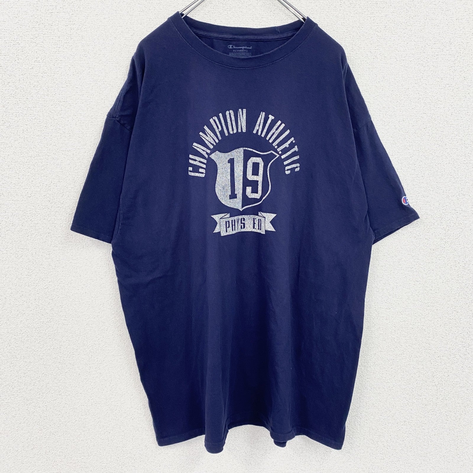 champion　チャンピオン　半袖プリントTシャツ　アーチプリント　クルーネック　現行　紺　ネイビー　2XLサイズ　古着