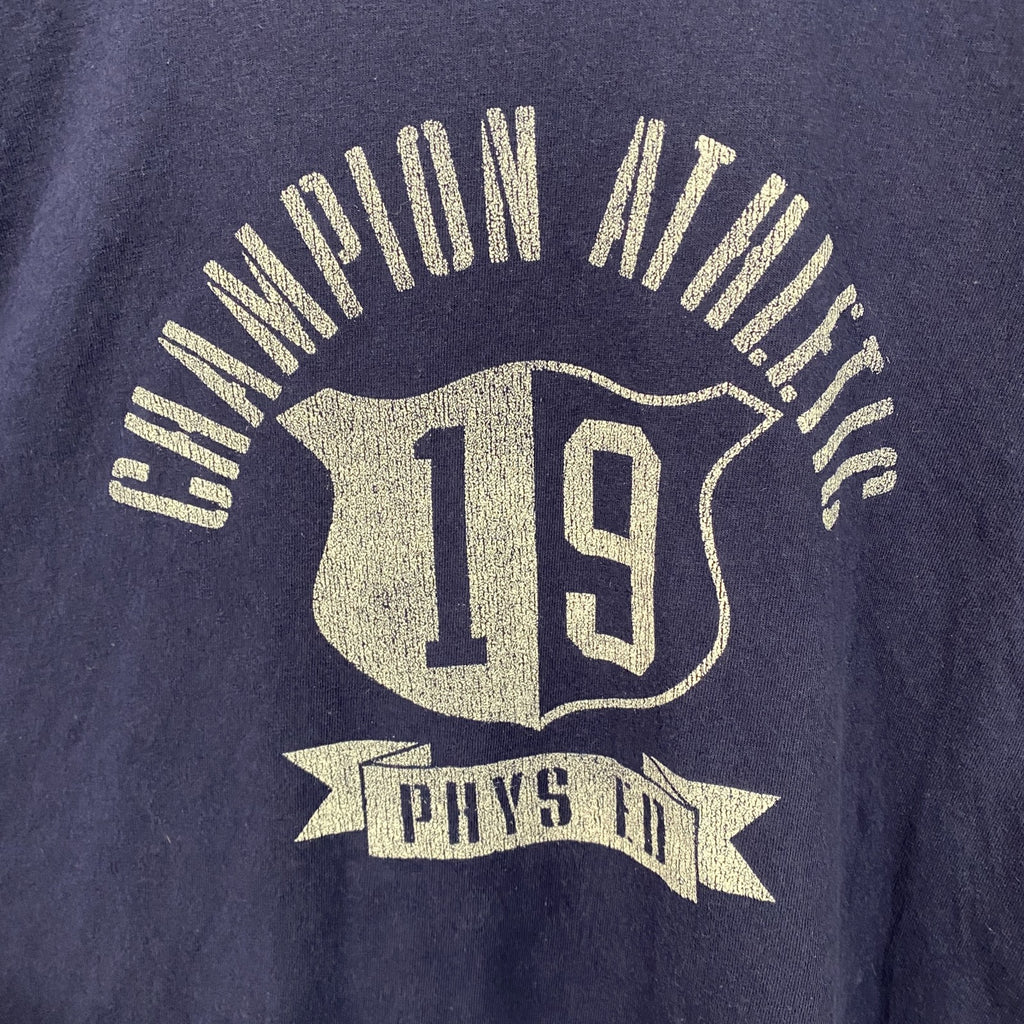 champion　チャンピオン　半袖プリントTシャツ　アーチプリント　クルーネック　現行　紺　ネイビー　2XLサイズ　古着