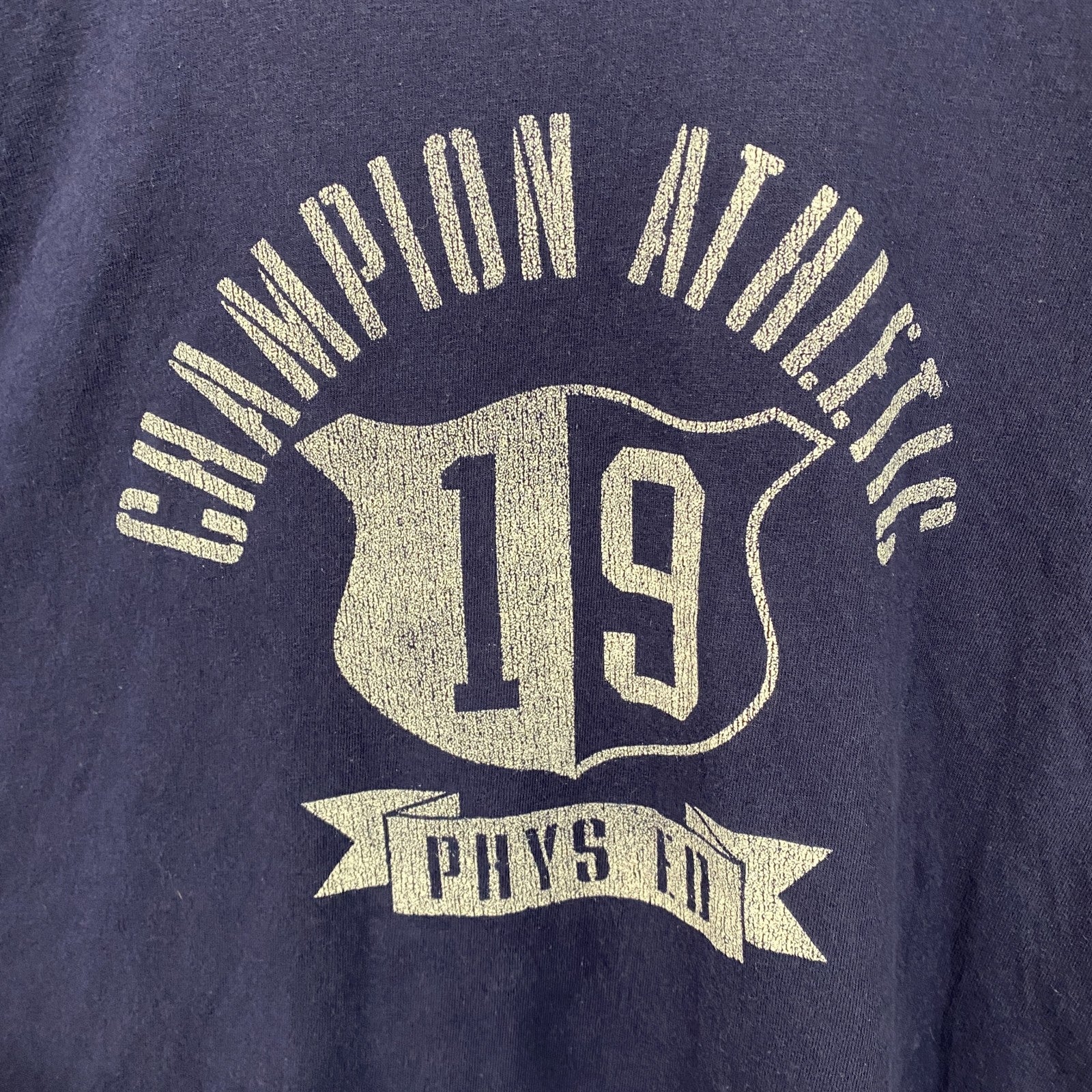 champion　チャンピオン　半袖プリントTシャツ　アーチプリント　クルーネック　現行　紺　ネイビー　2XLサイズ　古着
