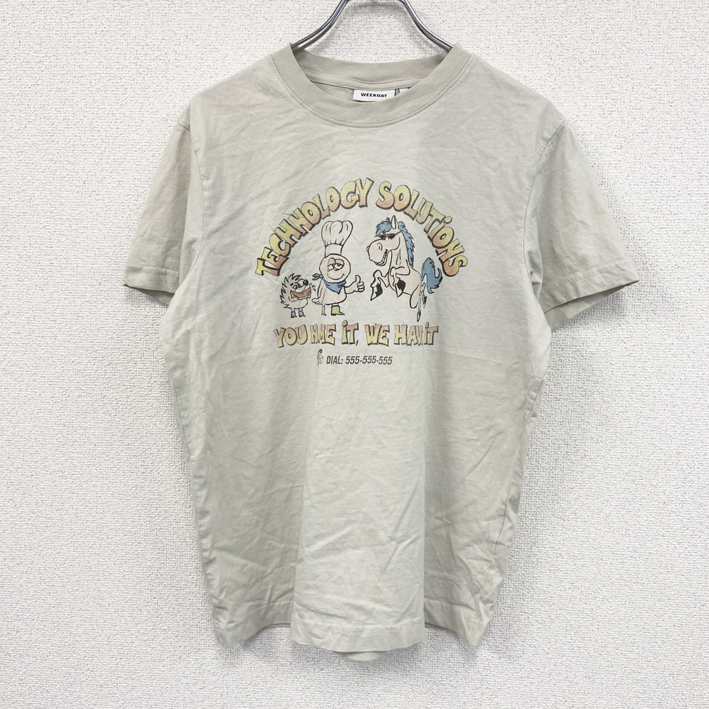 WEEKDAY　ウイークデイ　半袖プリントTシャツ　アーチプリント　ベージュ　Sサイズ カットソー メンズ コットン 古着