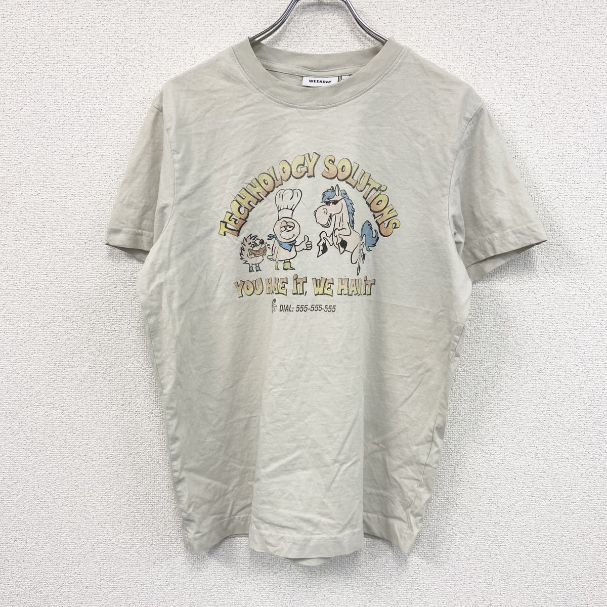 WEEKDAY　ウイークデイ　半袖プリントTシャツ　アーチプリント　ベージュ　Sサイズ カットソー メンズ コットン 古着