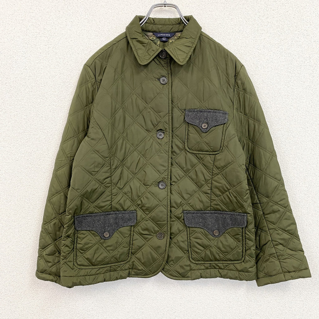 LANDS’END　ランズエンド　キルティングジャケット　中綿入り　3つポケット　カーキ　　古着