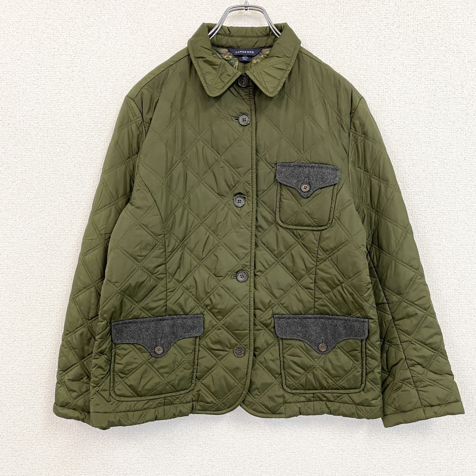 LANDS’END　ランズエンド　キルティングジャケット　中綿入り　3つポケット　カーキ　　古着