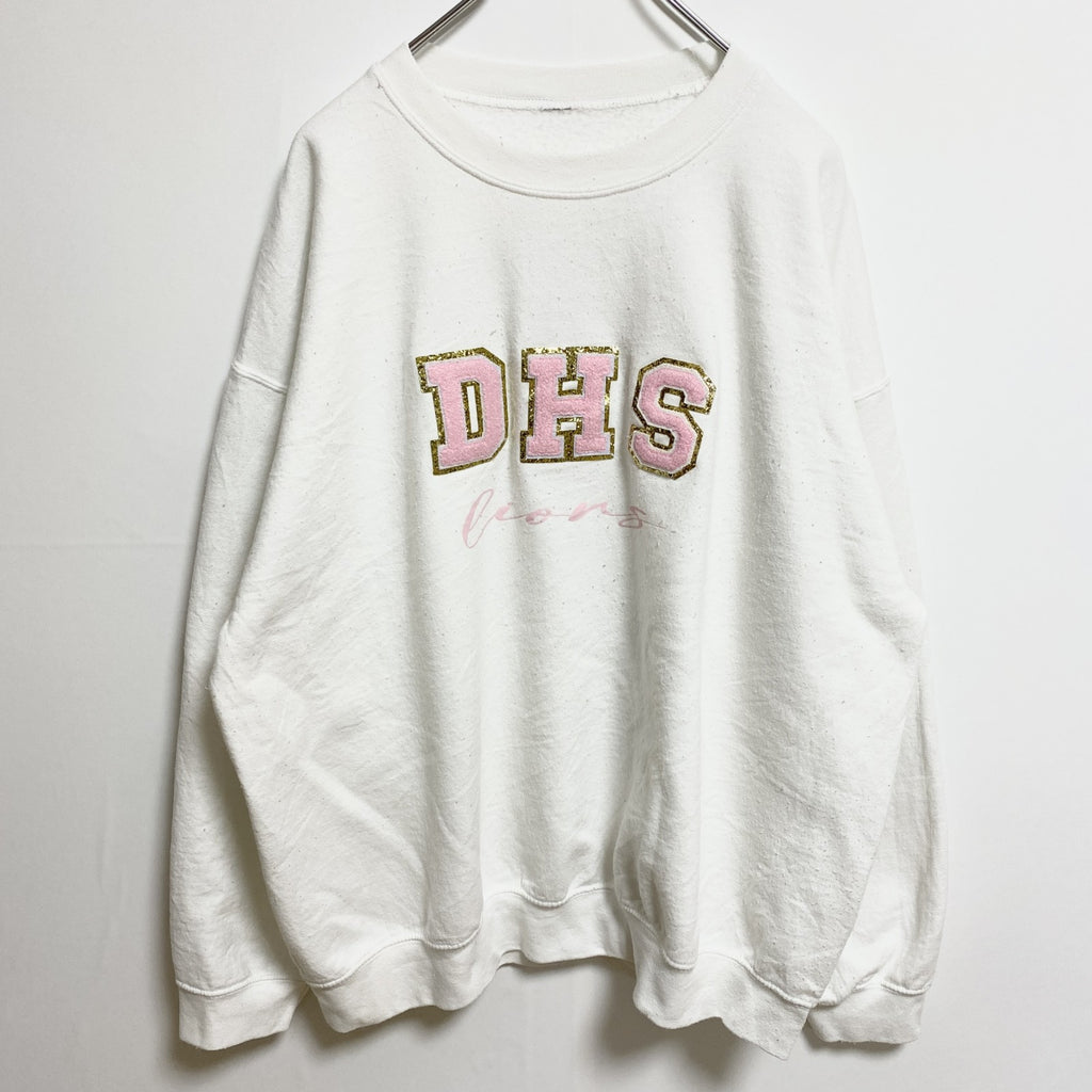 DHS　長袖ワッペンスウェット　トレーナー　白　ホワイト　クルーネック　レトロデザイン　秋冬服　ビッグシルエット　古着