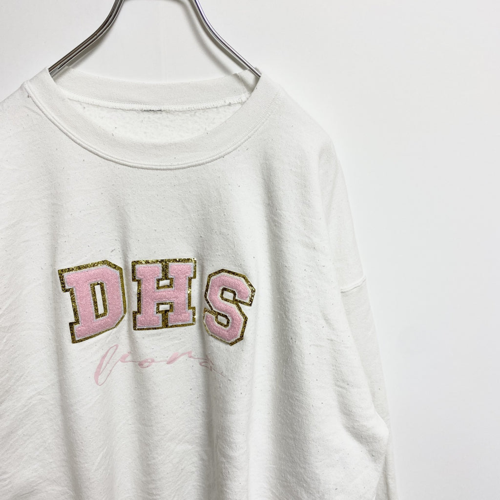 DHS　長袖ワッペンスウェット　トレーナー　白　ホワイト　クルーネック　レトロデザイン　秋冬服　ビッグシルエット　古着