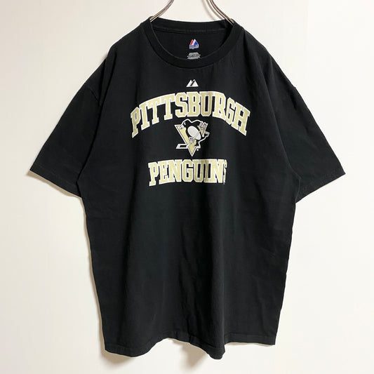 古着 used　Majestic マジェスティック　NHL　ピッツバーグペンギンズ　半袖プリントTシャツ　黒　XLサイズ